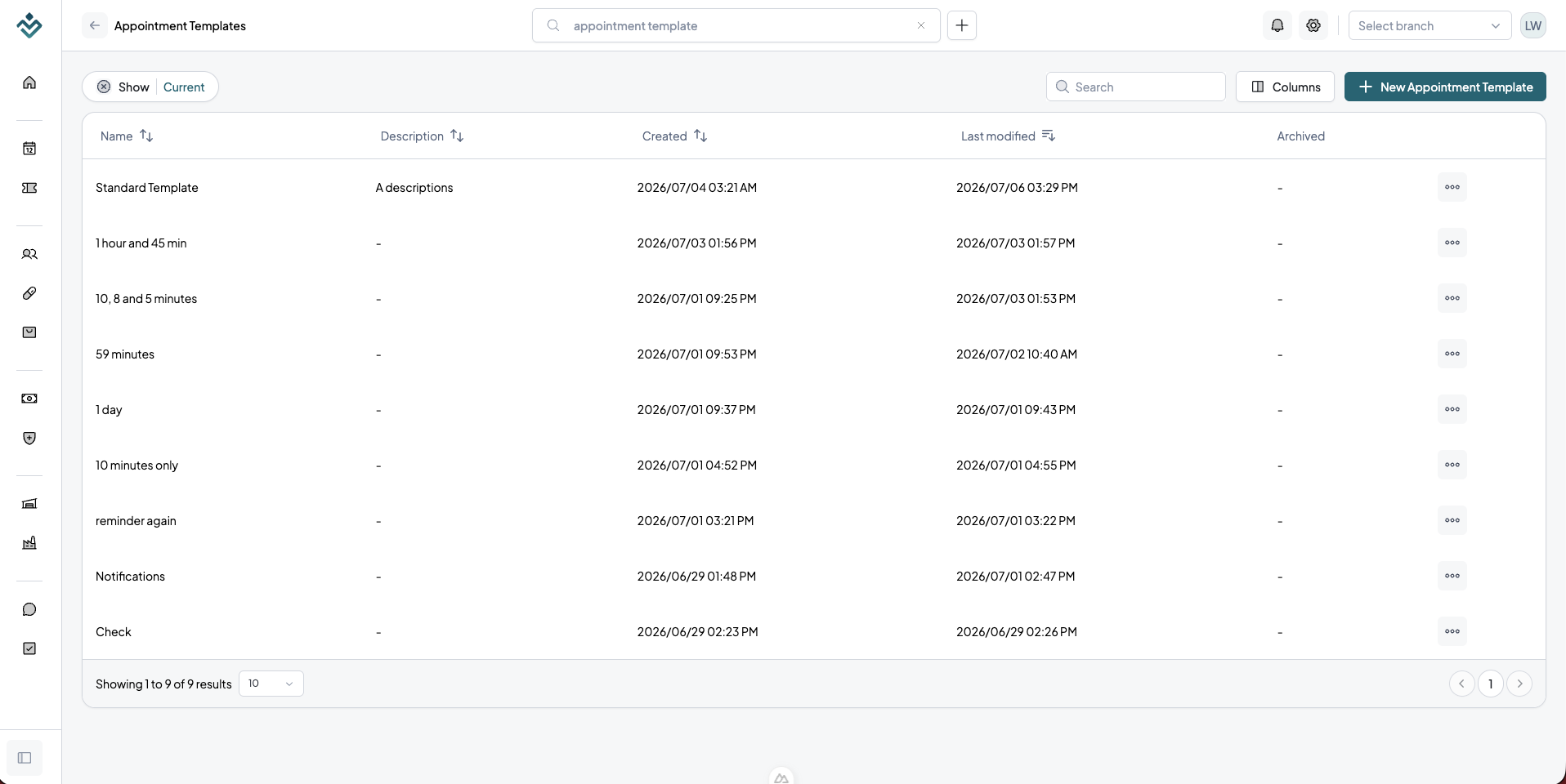 Appointment Templates Page