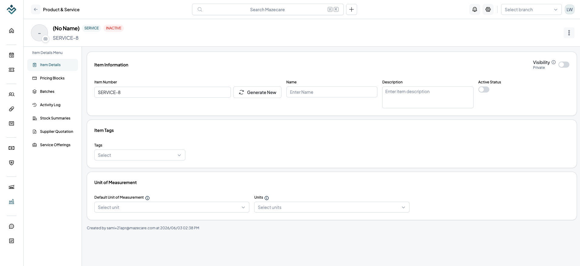 Products & Services Item Details